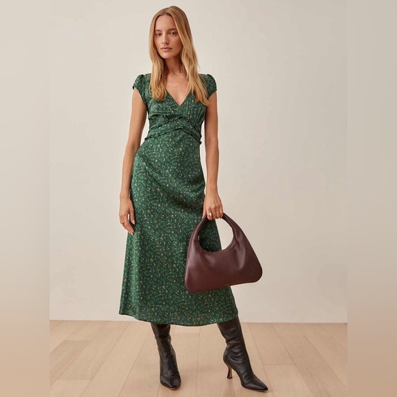 New! Reformation Kaye Silk Green Corriander Floral Midi Dress 🌿 size 6 - Picture 7 of 11